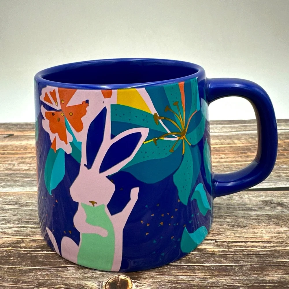 Starbucks Ceramic Bunny Easter Mug Blue Flowers 2020 Coffee Cup Wide Base 14oz